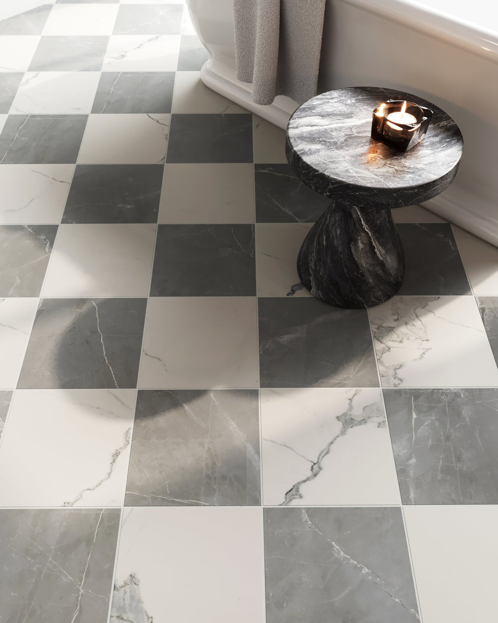 Leona 12x12 Checkerboard Matte Porcelain Tile in Calacatta and Amani Grey