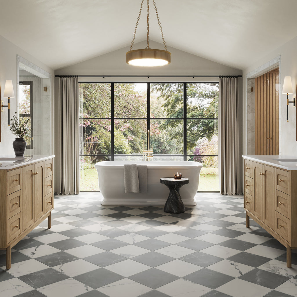 Leona 12x12 Checkerboard Matte Porcelain Tile in Calacatta and Amani Grey