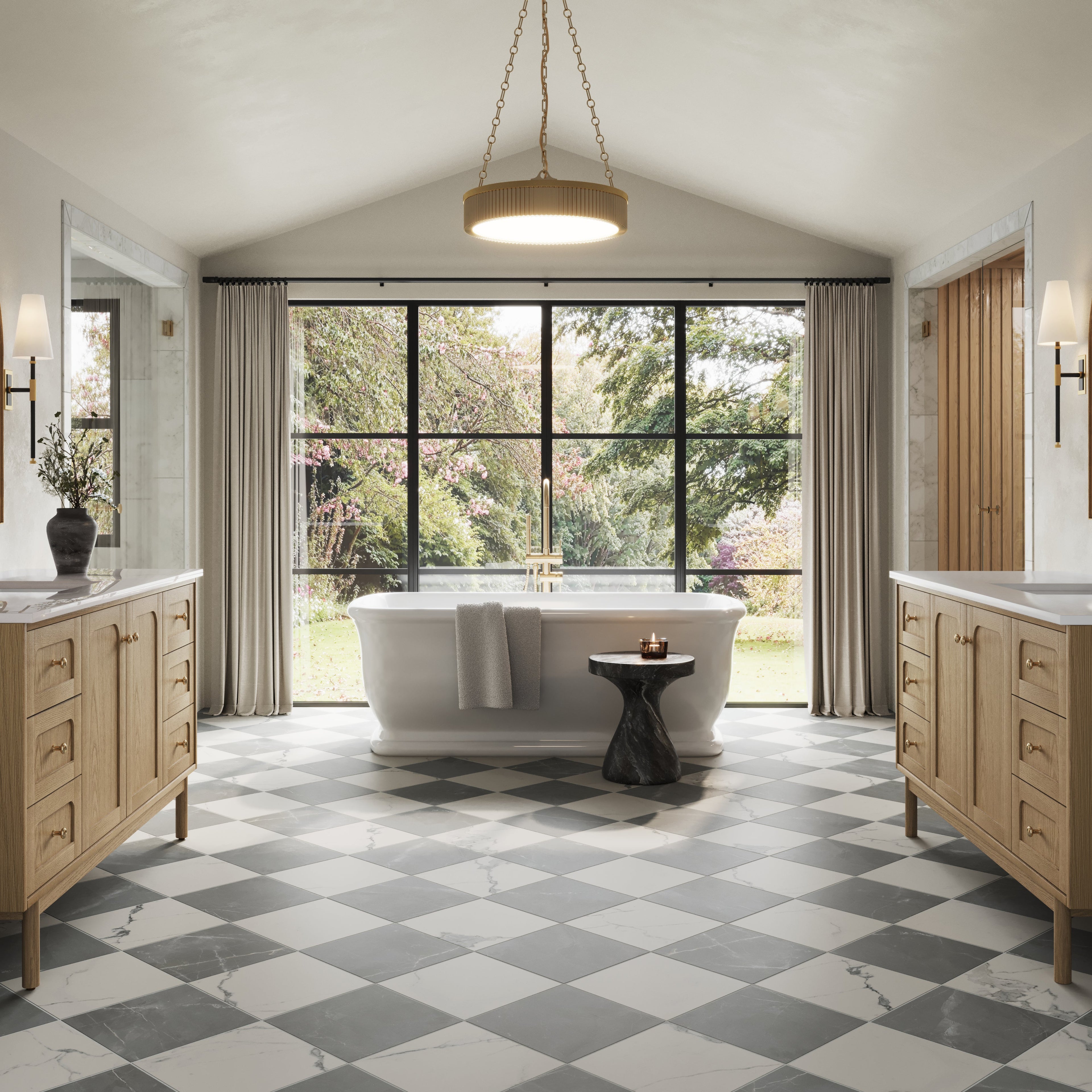 Leona 12x12 Checkerboard Matte Porcelain Tile in Calacatta and Amani Grey