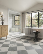 Leona 12x12 Checkerboard Matte Porcelain Tile in Calacatta and Amani Grey