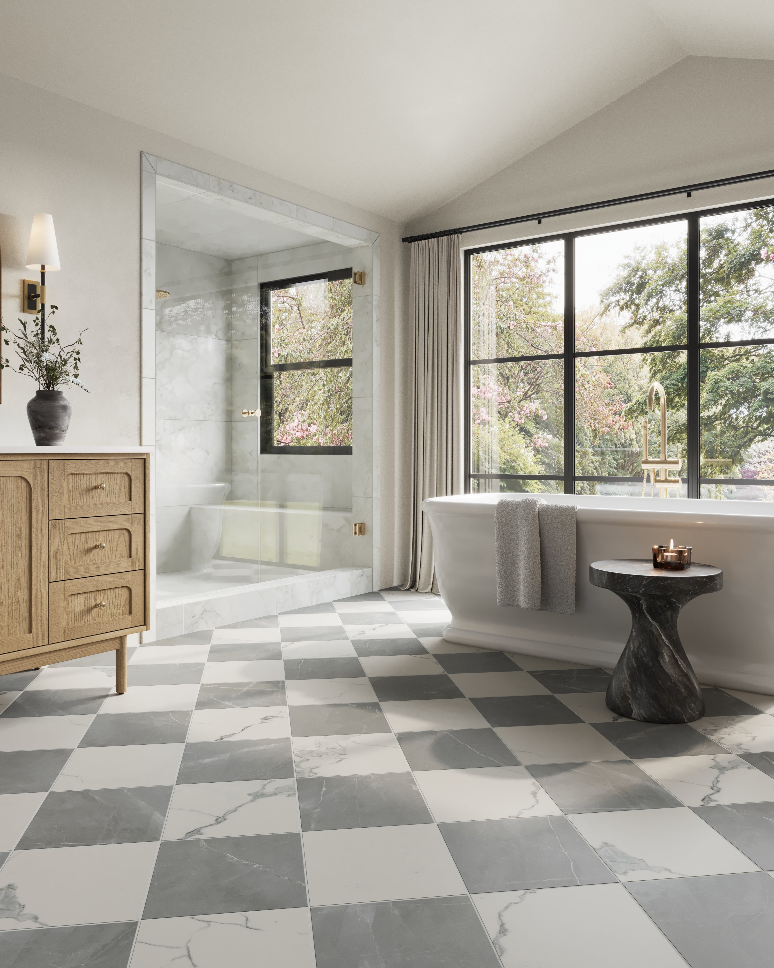 Leona 12x12 Checkerboard Matte Porcelain Tile in Calacatta and Amani Grey