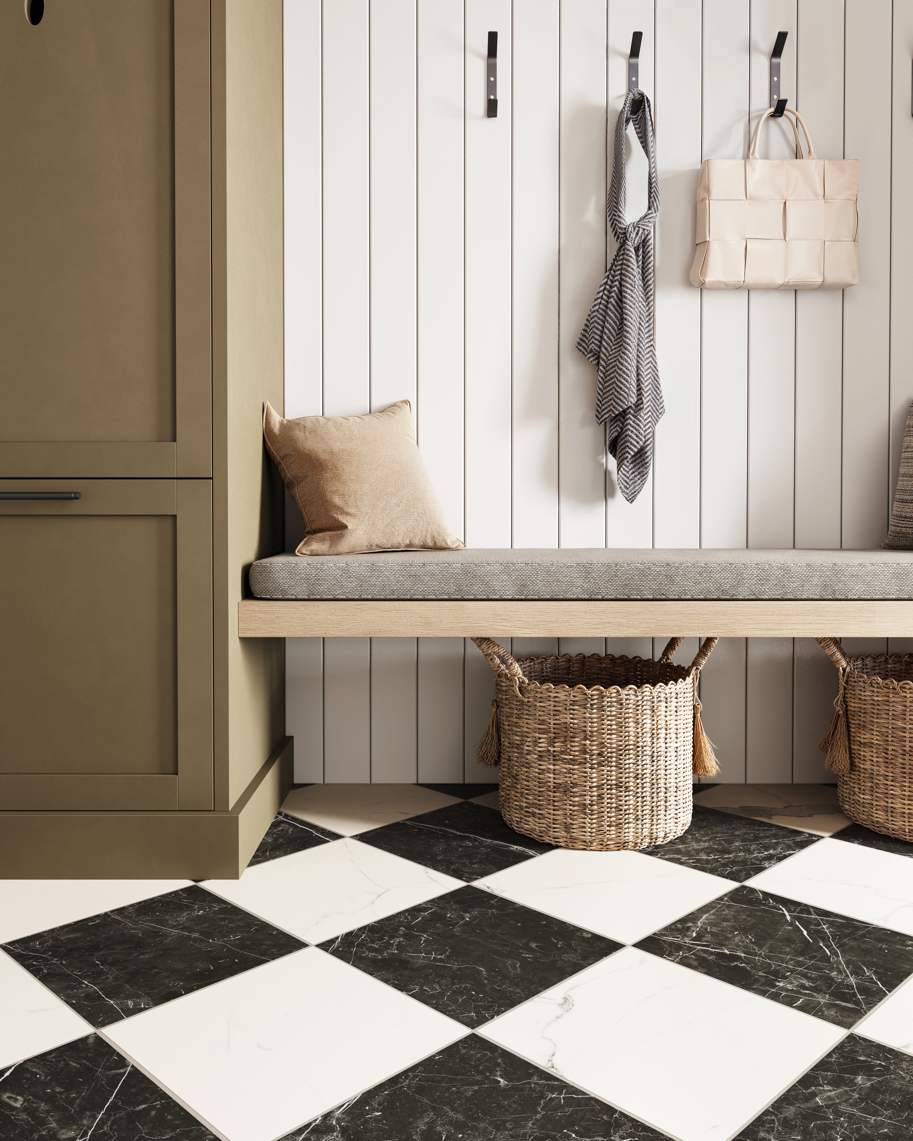 Leona 12x12 Checkerboard Matte Porcelain Tile in Calacatta and Nero Marquina