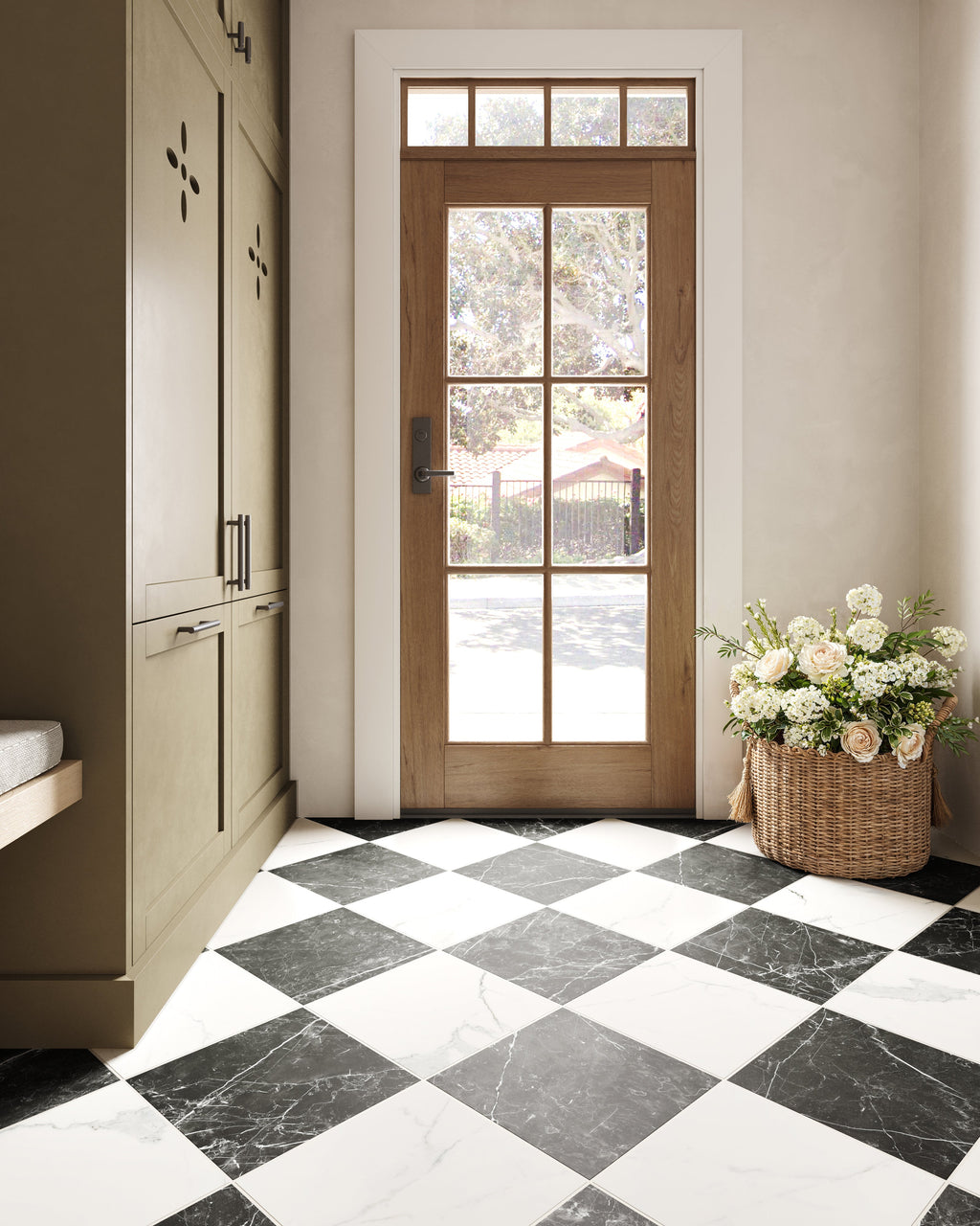 Leona 12x12 Checkerboard Matte Porcelain Tile in Calacatta and Nero Marquina