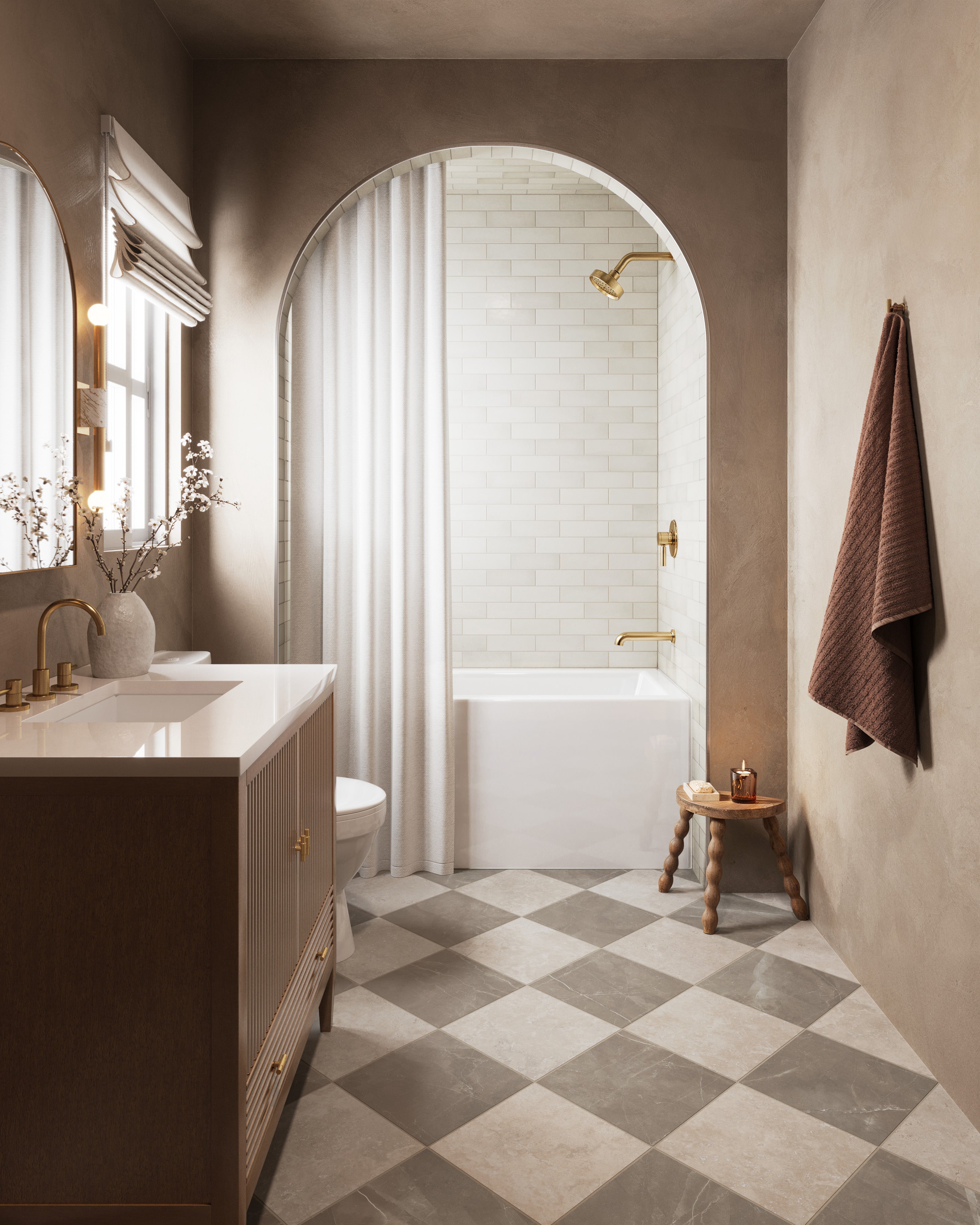 Leona 12x12 Checkerboard Matte Porcelain Tile in Marfil and Amani Bronze