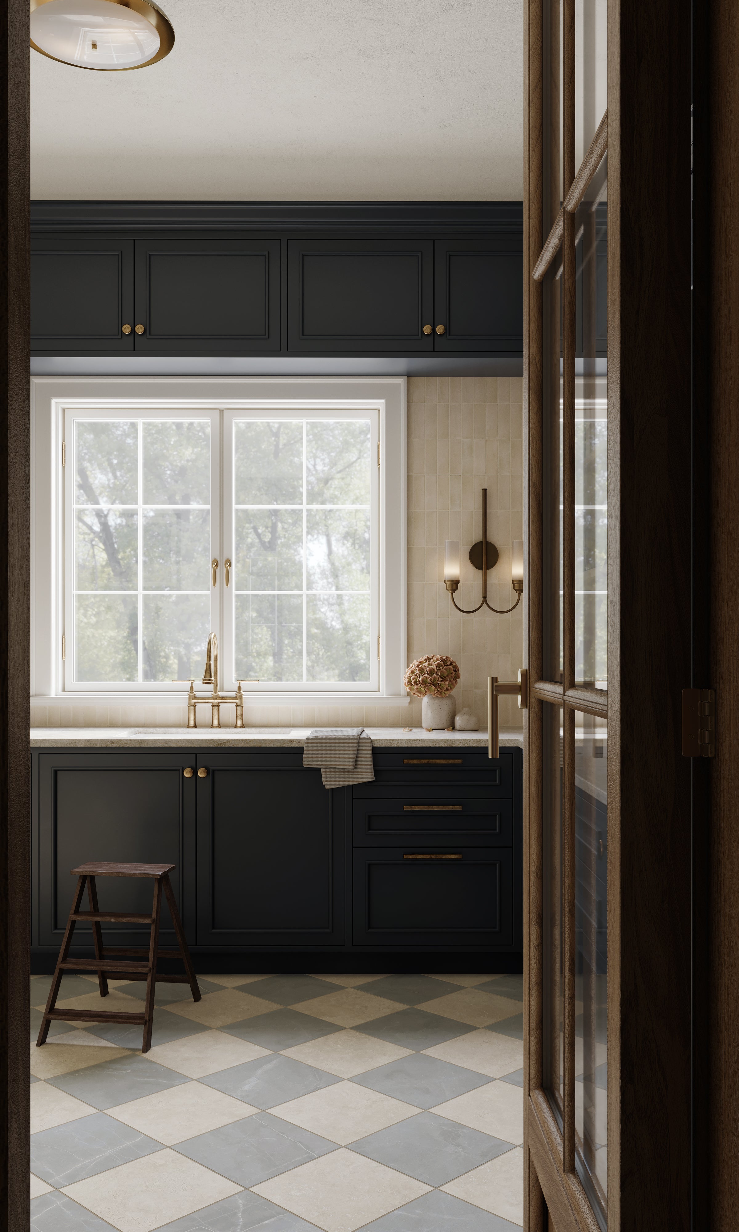 Leona 12x12 Checkerboard Matte Porcelain Tile in Marfil and Amani Grey