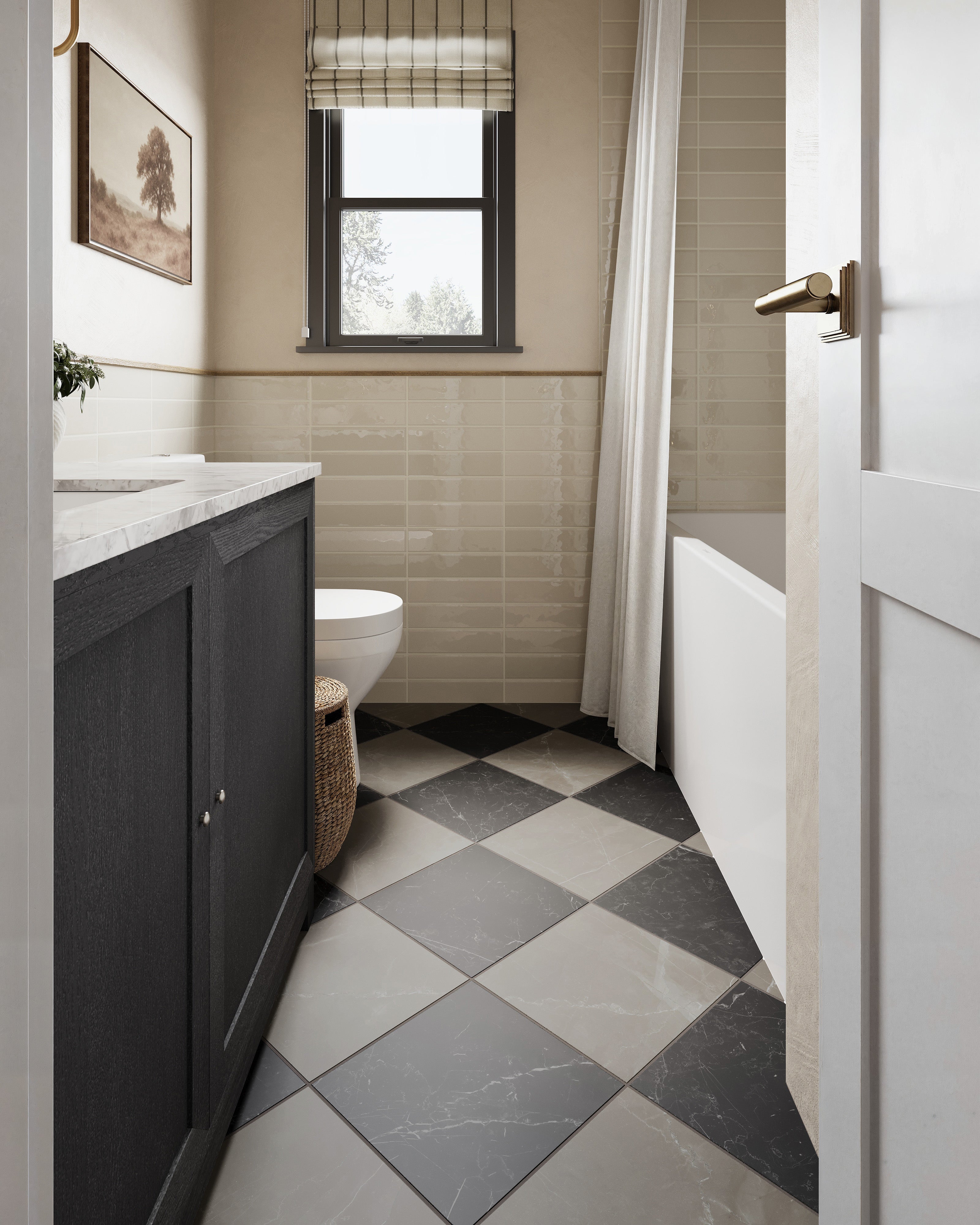 Leona 12x12 Checkerboard Matte Porcelain Tile in Amani Bronze and Nero Marquina