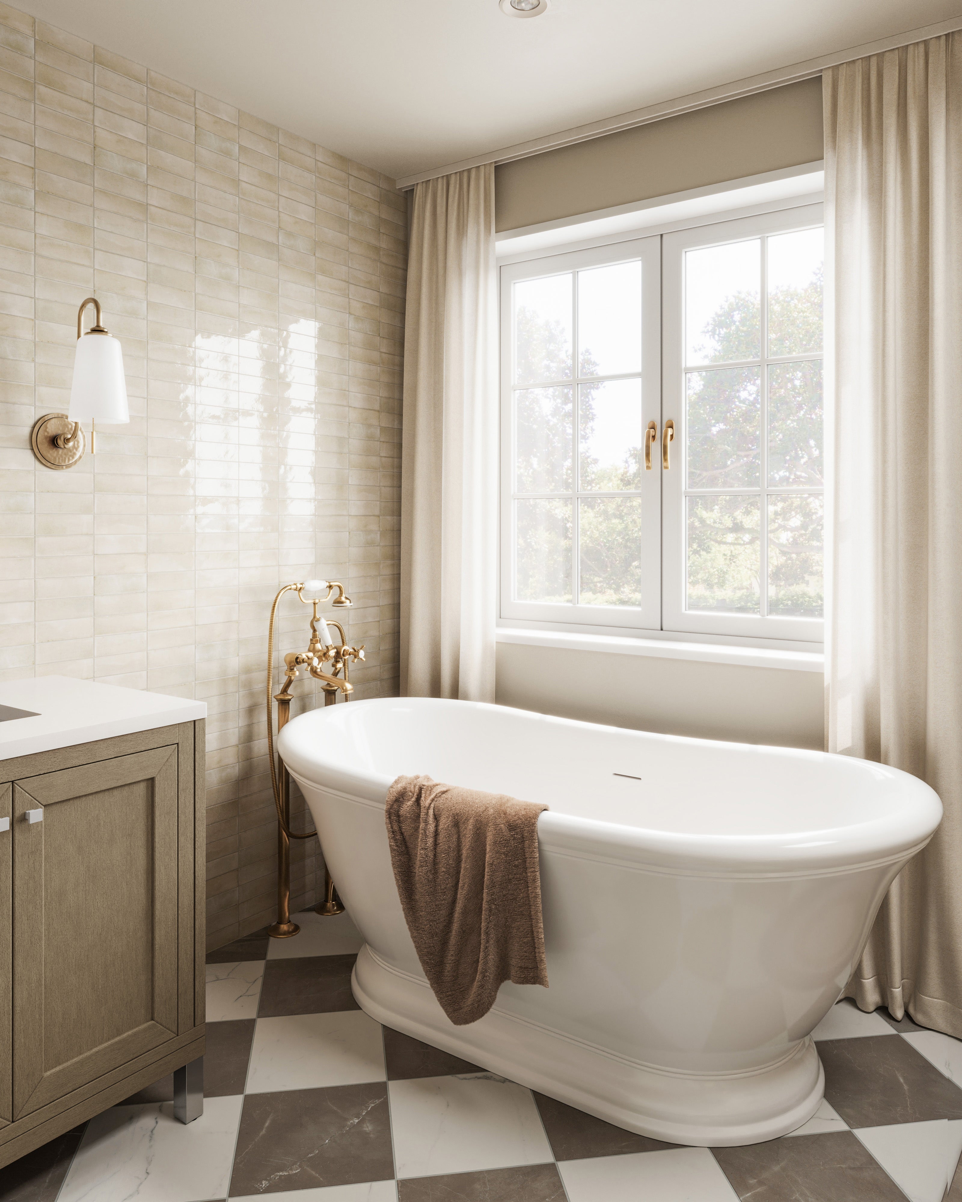 Leona 12x12 Checkerboard Matte Porcelain Tile in Calacatta and Amani Bronze