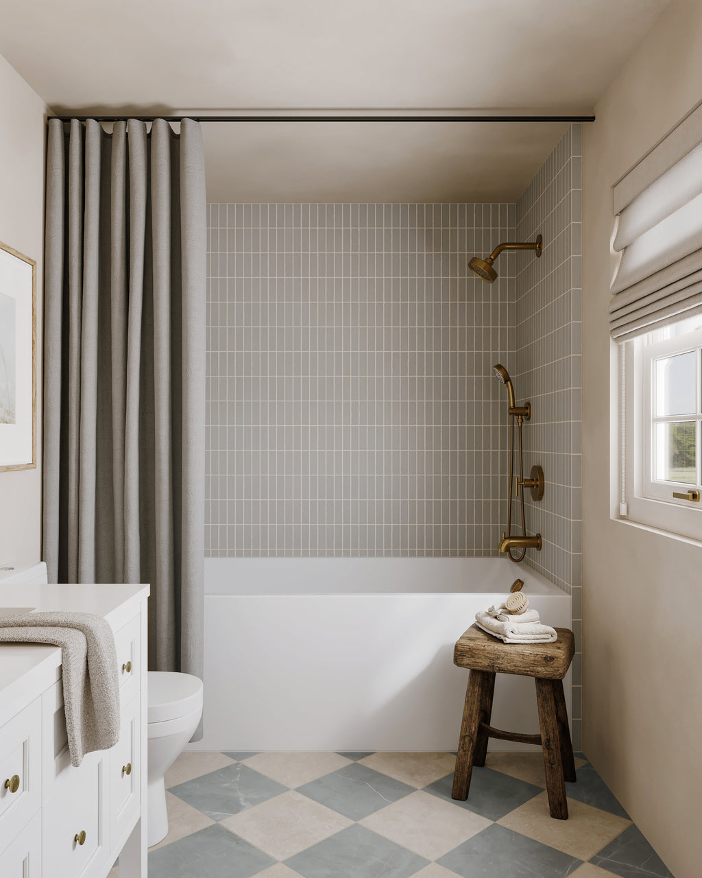 Leona 12x12 Checkerboard Matte Porcelain Tile in Marfil and Amani Grey