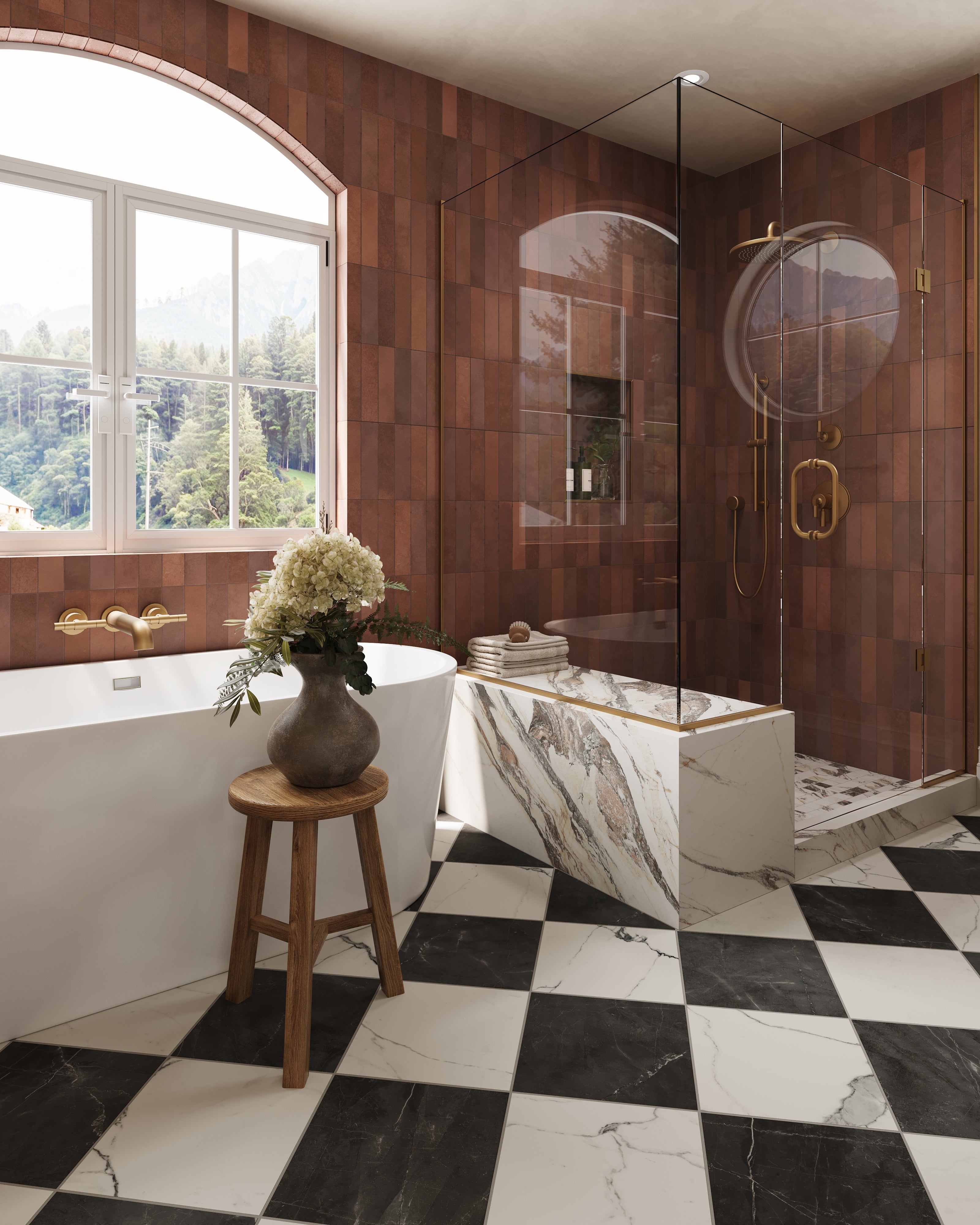 Leona 12x12 Checkerboard Matte Porcelain Tile in Calacatta and Nero Marquina