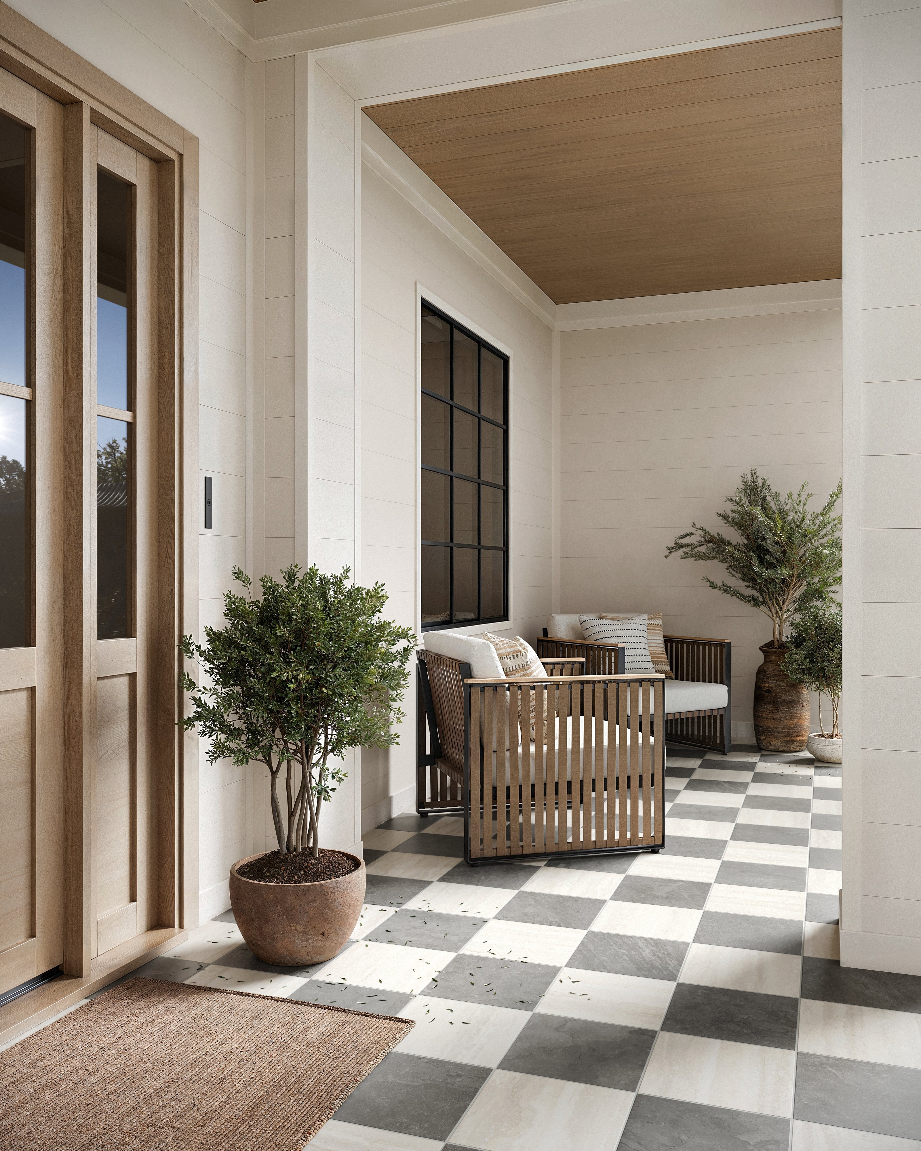 Wren 12x12 Checkerboard Grip 2cm Porcelain Paver Tile in Charcoal & Oat