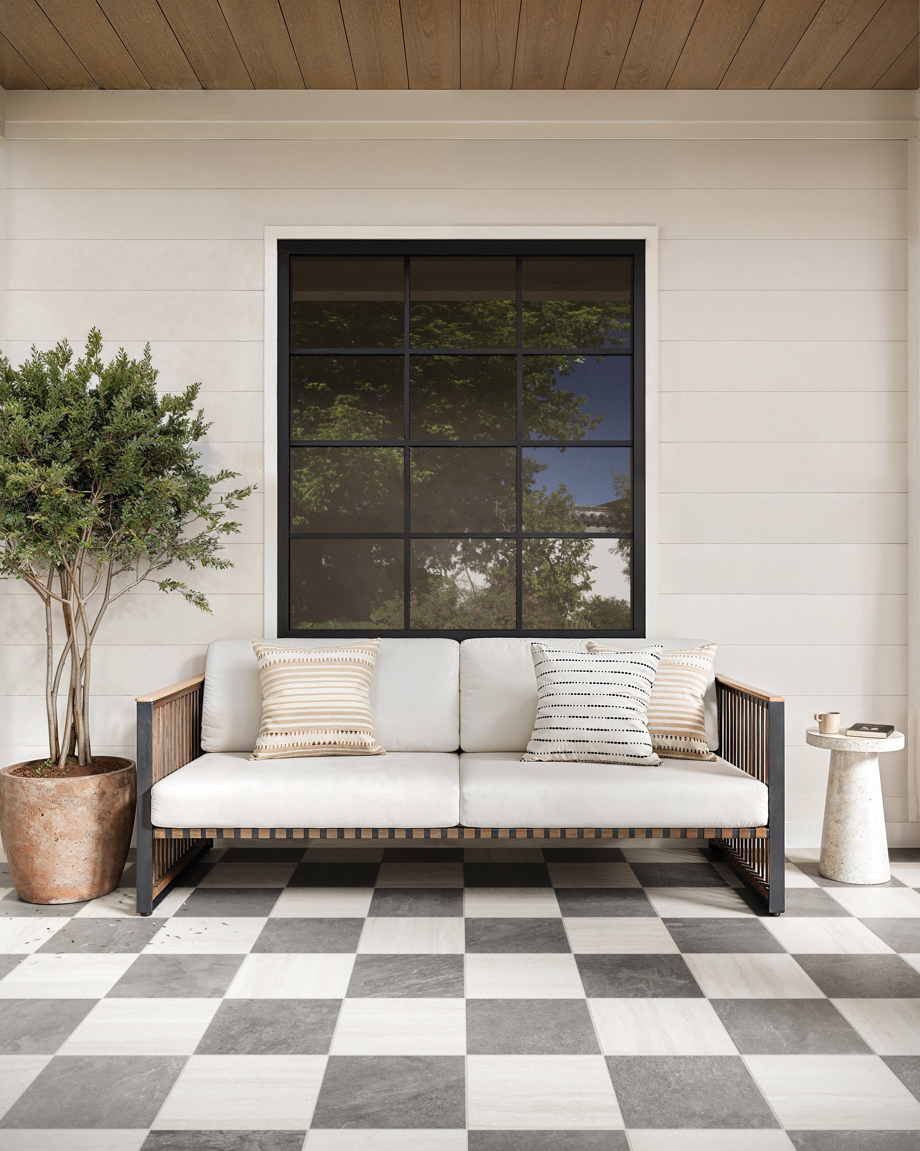 Wren 12x12 Checkerboard Grip 2cm Porcelain Paver Tile in Charcoal & Oat