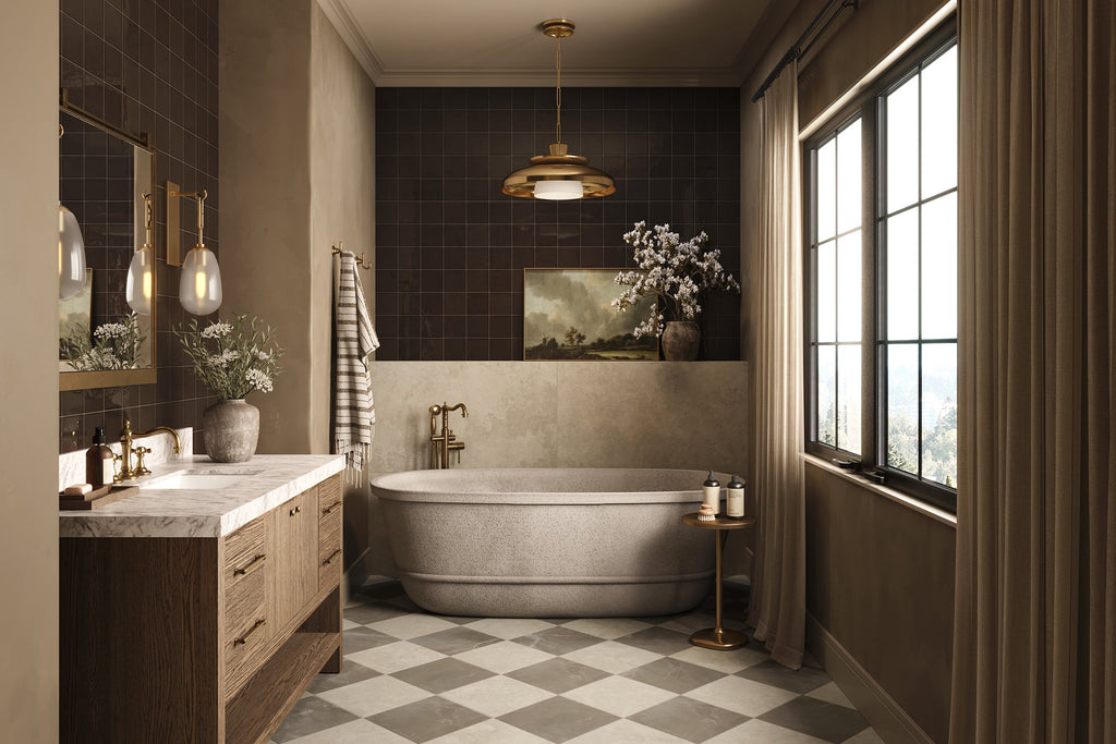 Leona 12x12 Checkerboard Matte Porcelain Tile in Marfil and Amani Bronze