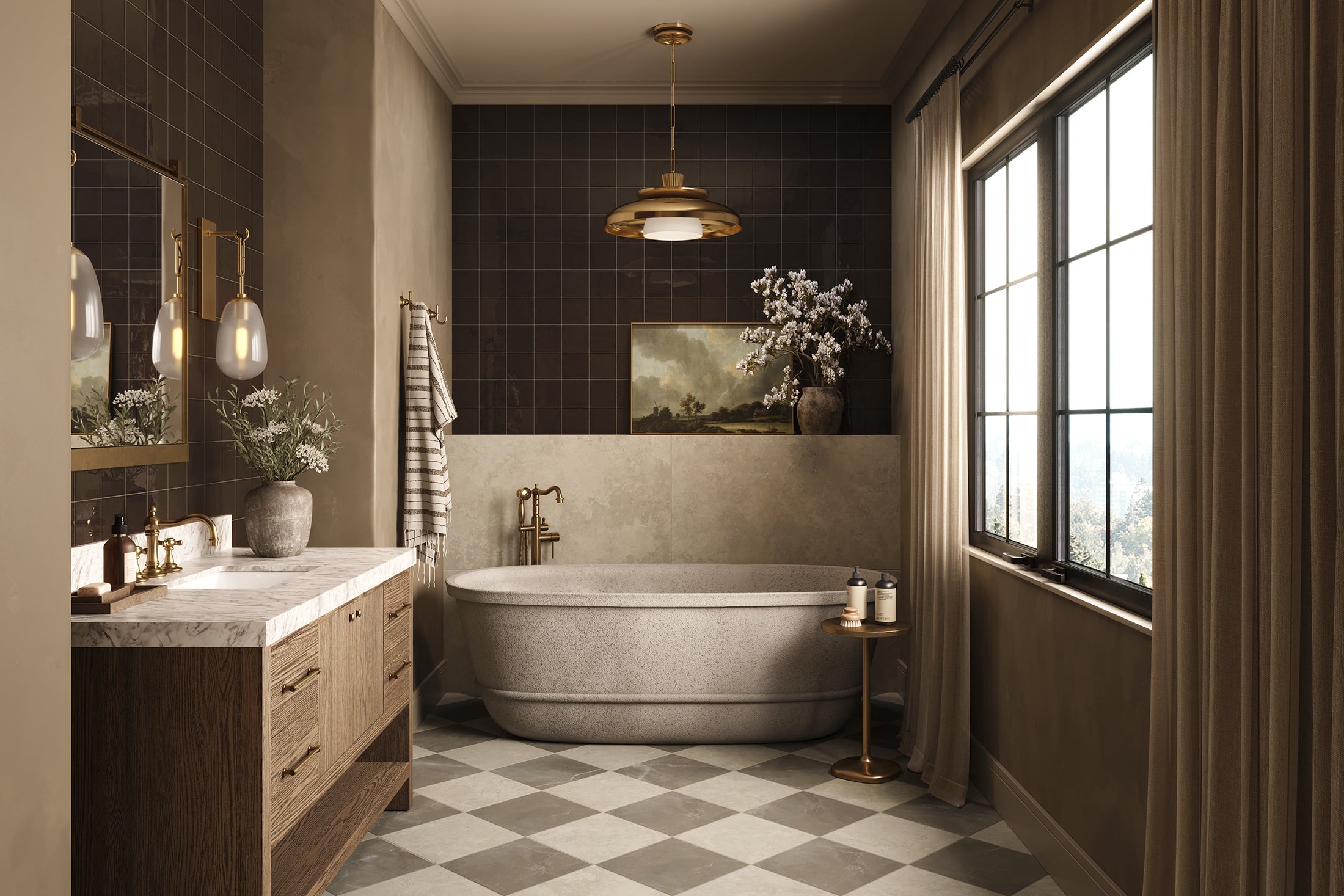 Leona 12x12 Checkerboard Matte Porcelain Tile in Marfil and Amani Bronze