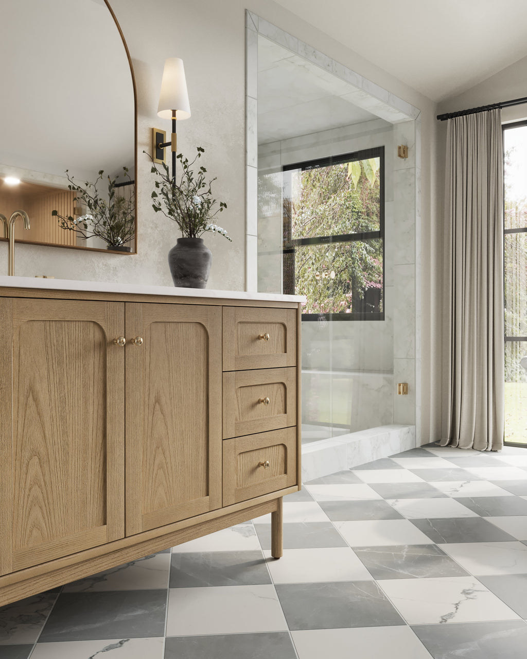 Leona 12x12 Checkerboard Matte Porcelain Tile in Calacatta and Amani Grey