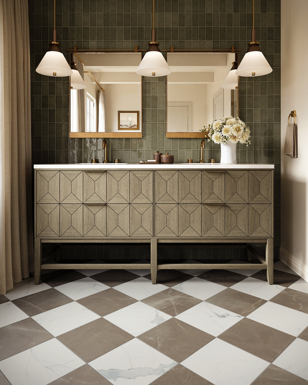 Leona 12x12 Checkerboard Matte Porcelain Tile in Calacatta and Amani Bronze