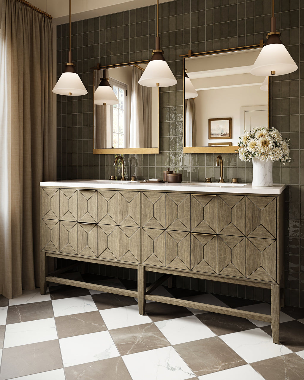 Leona 12x12 Checkerboard Matte Porcelain Tile in Calacatta and Amani Bronze